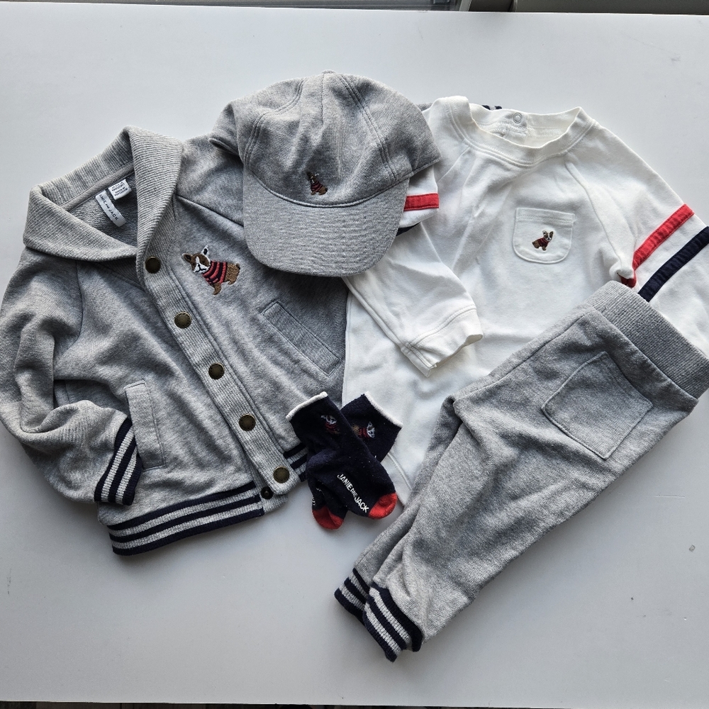 Janie and Jack Bulldog Varisty Jacket Sweat Pants Bodysuit Socks Hat Set 12-18m
